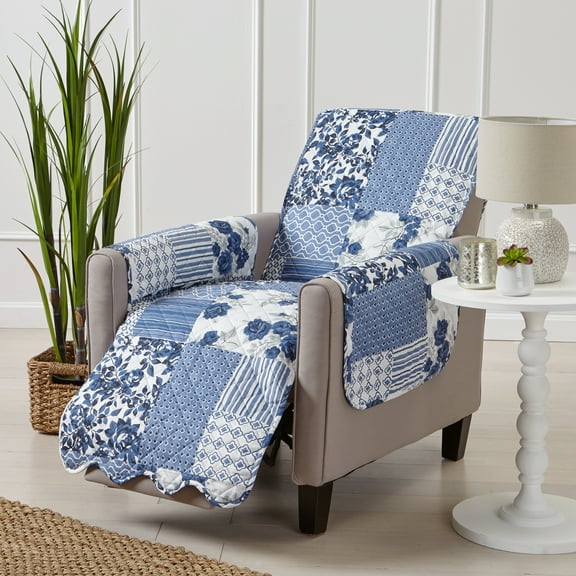 Machine Washable Couch Cover Reversible Patchwork Furniture Protector Slipcover, Recliner, Navy