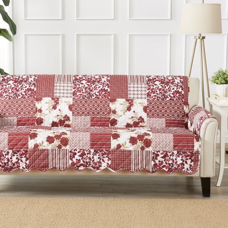 Reversible Patchwork Furniture Protector, Machine Washable Slipcover, Sofa, Burgundy