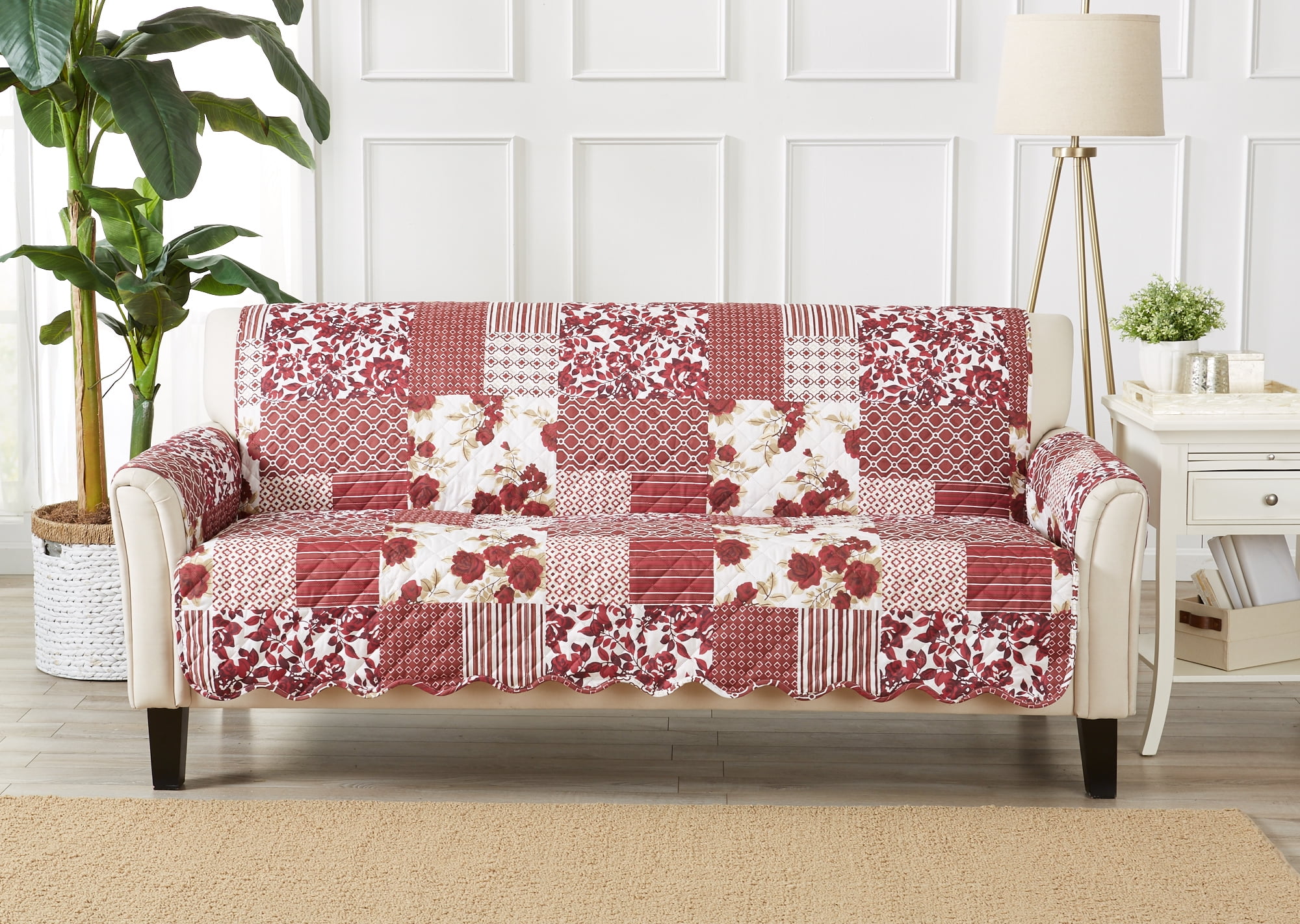 Burgundy Patchwork Reversible Microfiber Sofa Protector