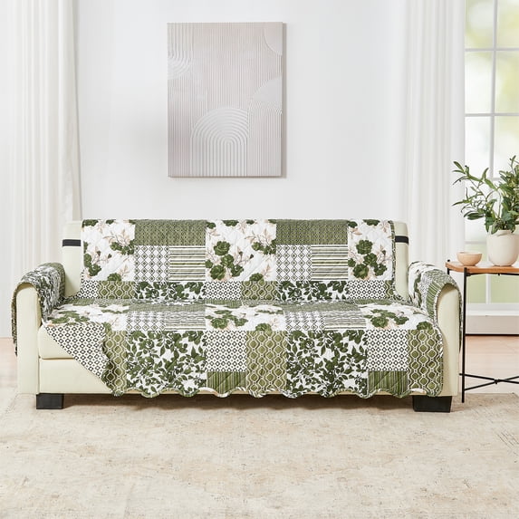 Reversible Patchwork Furniture Protector, Machine Washable Slipcover, Sofa, Olive / Brown