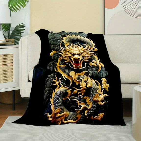 [Machine Washable Cozy Throw Blanket] Cozy Flannel Throw Blanket with 3D Chinese Dragon Design - Soft, Reversible, and Warm for Couch, Bed, Camping