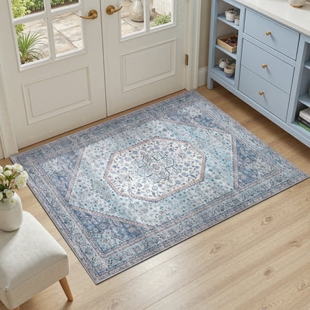 Machine Washable Entryway Rug 2x3, Soft Low Pile Non Slip Stain Resistant for Kitchen Bathroom-Blue & Beige