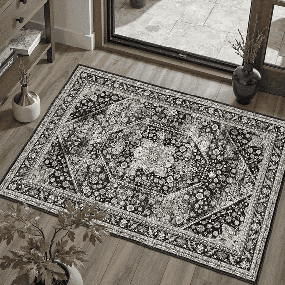 2x3 Vintage Floral Persian Area Rug, Machine Washable Non-Slip, Stain-Resistant Low-Pile for Entryway, Kitchen, Bedroom, Bathroom-Black