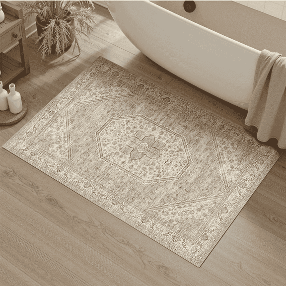 Machine Washable Entryway Rug 2x3, Non Slip Stain Resistant Vintage Floral Rug for Kitchen Bathroom Front Door Throw Rugs , Soft Low Pile Rugs-Brown