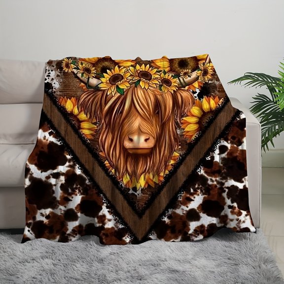 [Machine Washable Flannel Throw Blanket] Sunflower & Yak Print Flannel Throw Blanket - Soft, Reversible, All-Season Comfort for Couch, Bed, Office - Machine Washable
