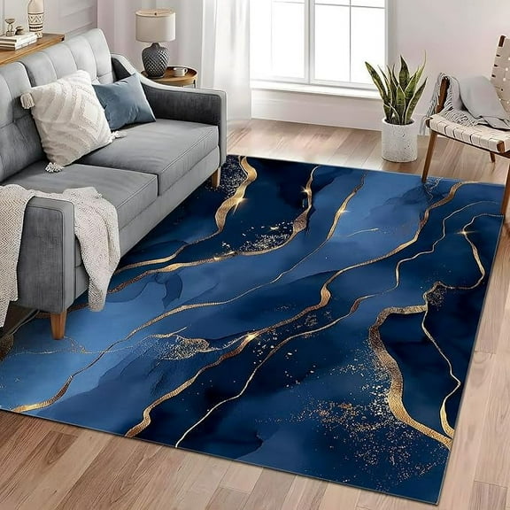 Machine Washable Gold Dark Blue Area Rugs, Ultra Soft Area Rug, Non Slip Watercolor Marble Texture Printing Rug, Ideal For High Traffic Areas In Living Room, Bedroom 4 x 5ft