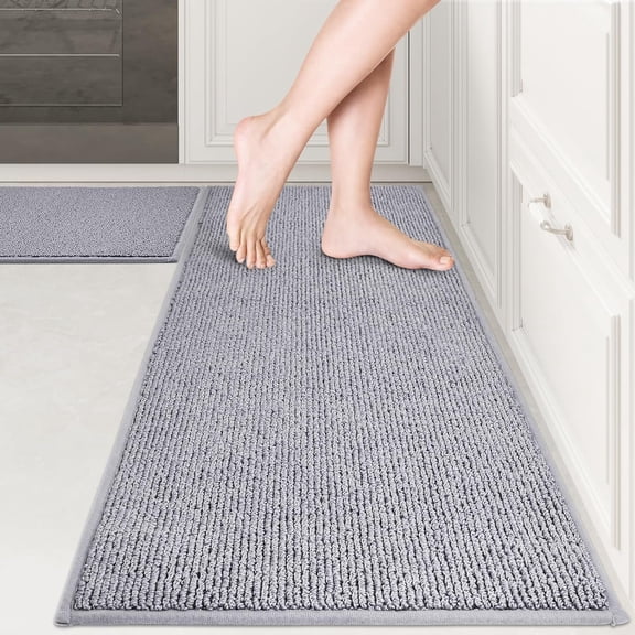 Machine Washable Kitchen Rug [2 PCS] (17" x 30"+ 17" x 48"), Non-Slip/Skid Kitchen Runner Rugs & Floor Mats, Super Absorbent Soft Area Rugs for Sink, Kitchen & Laundry, Grey