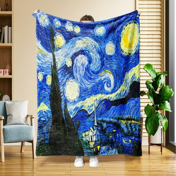 Machine Washable Knit Van Gogh Starry Night Flannel Fleece Throw Blanket Contemporary Style All-Season Cozy Multipurpose Digital Print Decor