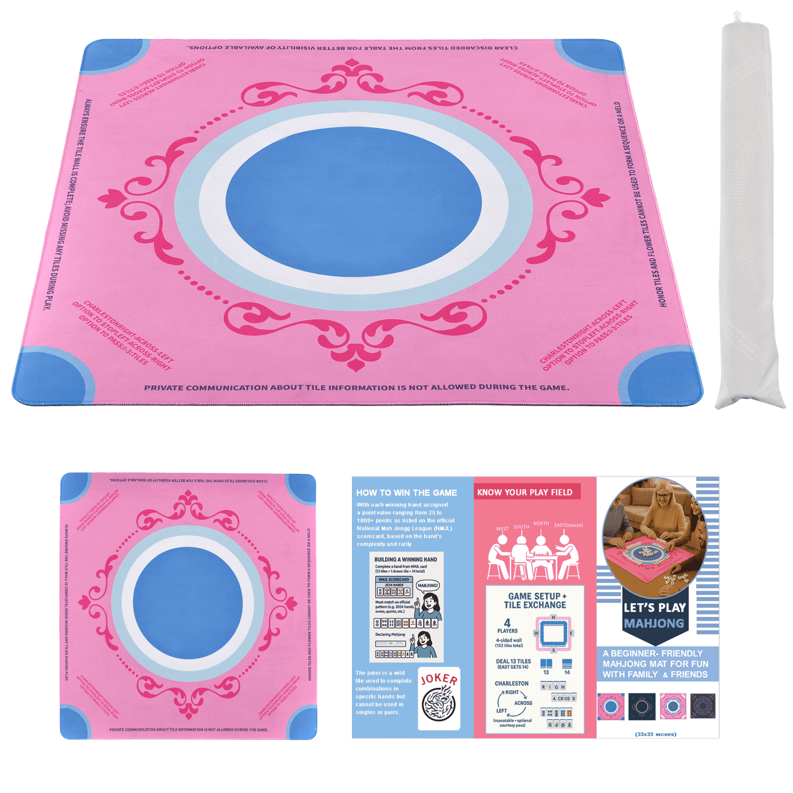 Machine Washable Mahjong Mat 33x33 – Crease-Free Neoprene Table Mat for American Mahjong, Non-Slip, Noise-Reducing, Easy to Clean, Fold-Free Storage