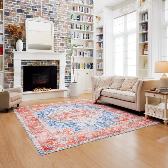 Machine Washable Medallion Boho Oriental Area Rug - Blue and Orange - 8x10