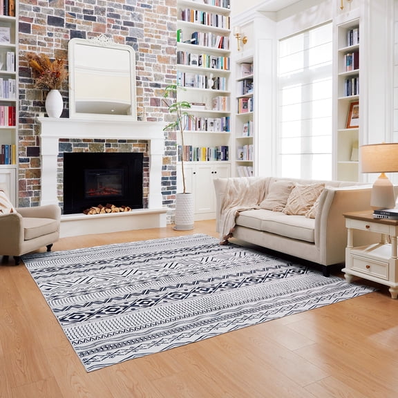 Machine Washable Mediterranean Trellis Area Rug - Grey and Ivory White - 8x10