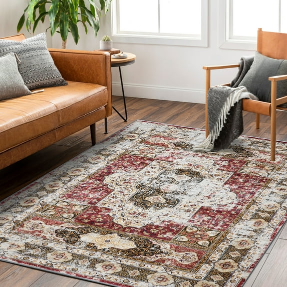 Machine Washable Persian Indoor Area Rugs Vintage Distressed Thin Rug Non Slip Carpet for Living Room Kitchen Dining Room (5x7, Burgundy)