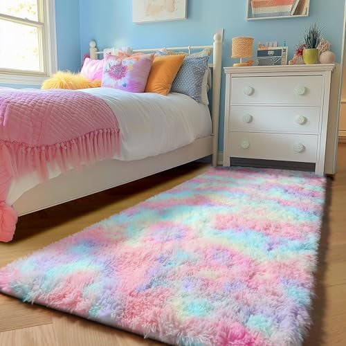 Machine Washable Rainbow Runner Rugs for Girls Bedroom Hallway Plush Fluffy Rug 2x6 Ft, Soft Carpet for Living Room, Non-Slip Indoor Floor Rugs for Nursery Kids Girls Room Home Decor