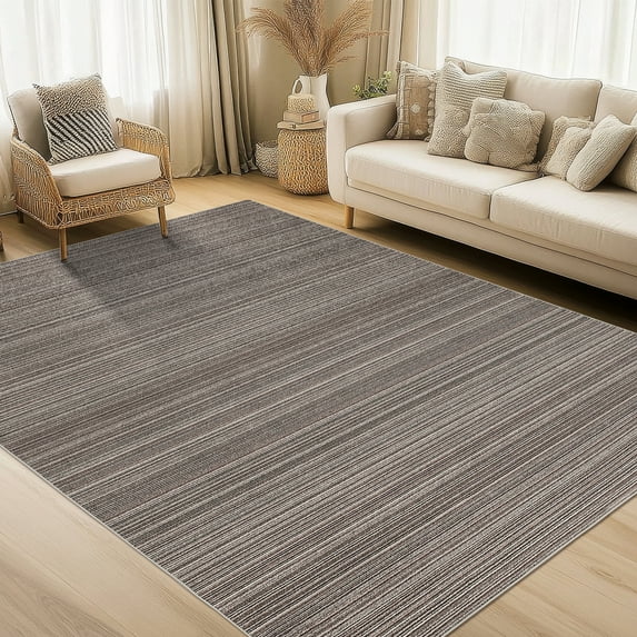 Machine Washable Rug with Non-Slip Backing, Modern Neutral Printed Low Pile Rug, Stain Resistant Non-Shedding Striped Carpet Throw Mats for Living Room and Bedroom
