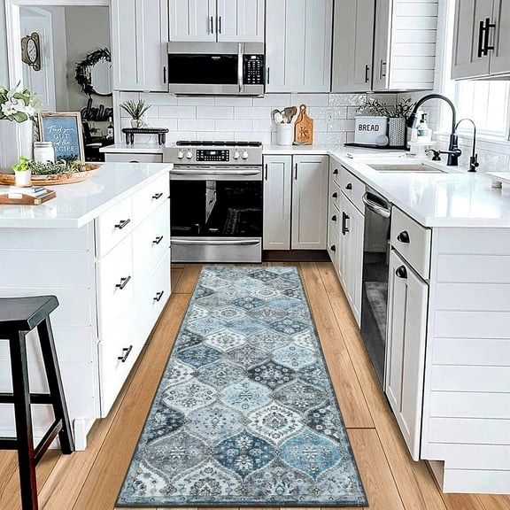 Machine Washable Runner Rug 2' x 6', Non-Slip Backing, Soft Stain Resistant and Low Pile Faux Wool Accent Carpet, Vintage Printed Rugs for Living Room, Bedroom, Blue