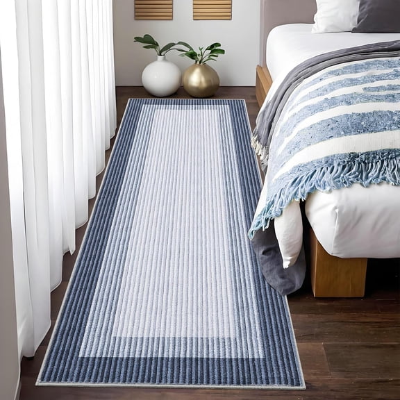 Machine Washable Runner Rug 2x6 Modern Neutral Kitchen Rug, Low Pile Bedside Non-Shedding Soft Bordered Carpet for Entryway, Bathroom, Laundry Room, Blue