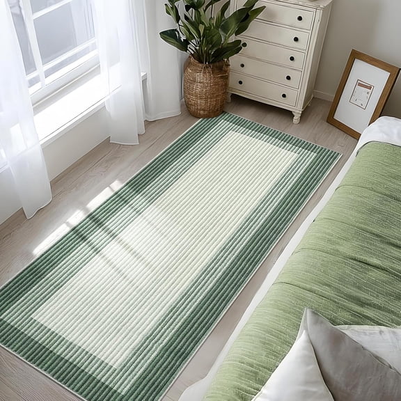 Machine Washable Runner Rug 2x6 Modern Neutral Kitchen Rug, Low Pile Bedside Non-Shedding Soft Bordered Carpet for Entryway, Bathroom, Laundry Room, Green