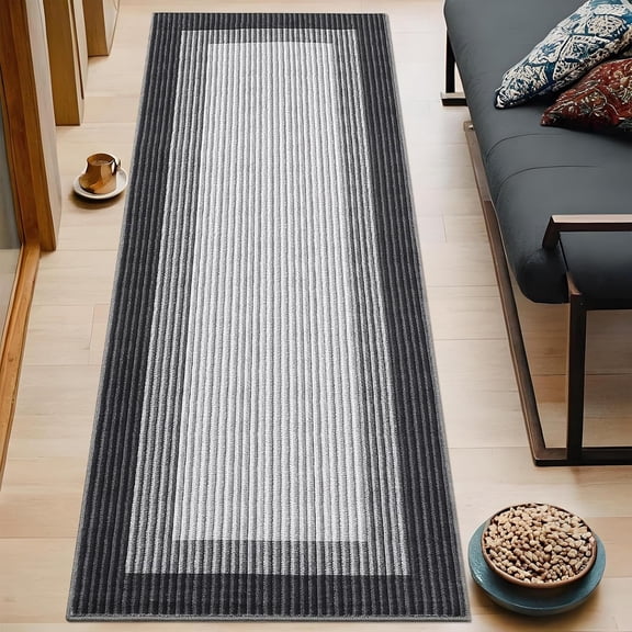 Machine Washable Runner Rug 2x6, Modern Solid Kitchen Rug, Low Pile Bedside Non-Shedding Soft Bordered Neutral Carpet for Entryway, Bathroom, Laundry Room, Black/Gray