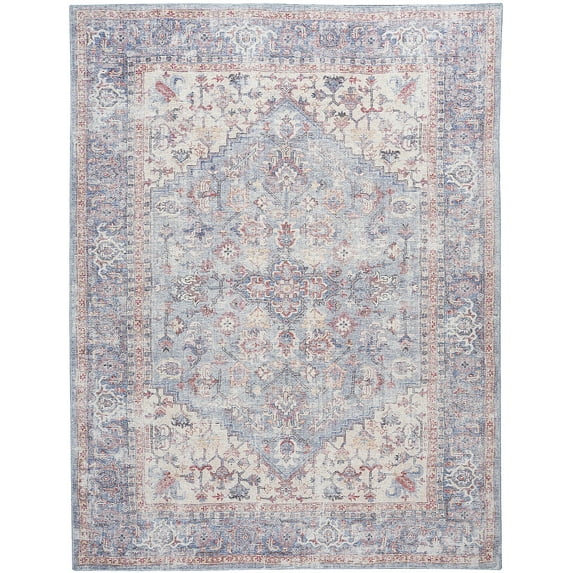 Machine Washable Series 1 9' x 12' Blue/Multicolor Fabric Vintage Area Rug