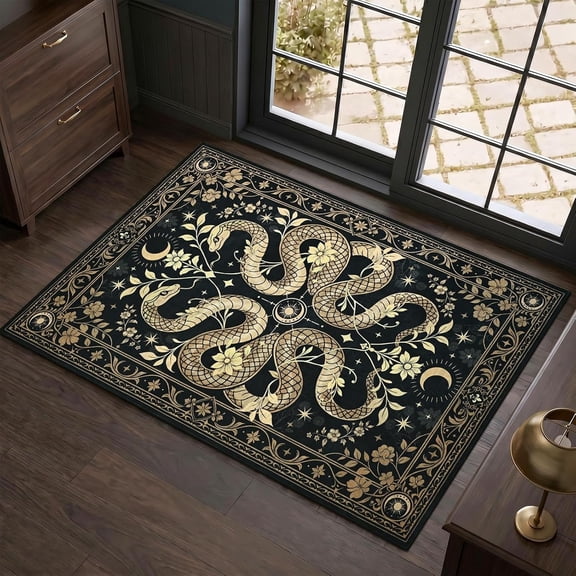 Machine Washable Snake Rug 2x3, Forest Floral Gothic Area Rugs for Living Room Bedroom, Non Slip Low-Pile Thin Black Carpet for Entryway Ktichen