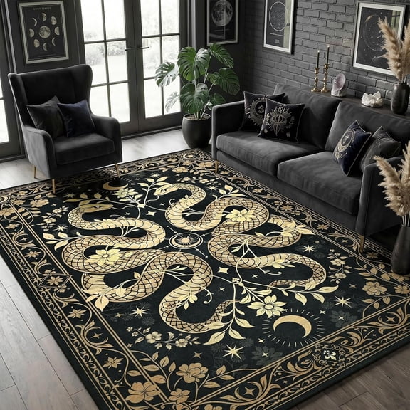 Machine Washable Snake Rug 6x9, Forest Floral Gothic Area Rugs for Living Room Bedroom, Non Slip Low-Pile Thin Black Carpet for Study Room