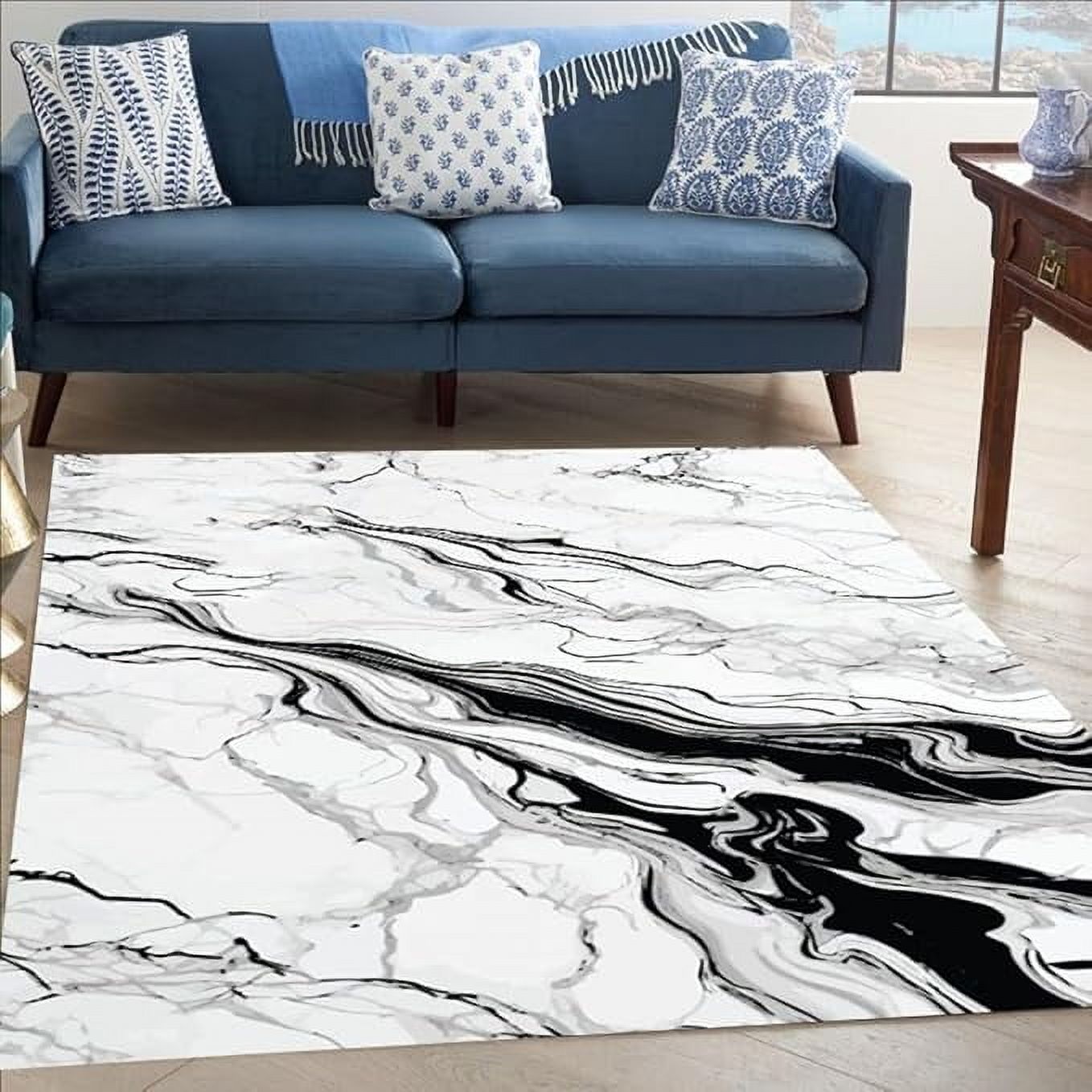 Machine Washable Soft Fuzzy Area Rug Black White Grey Marble Abstract ...
