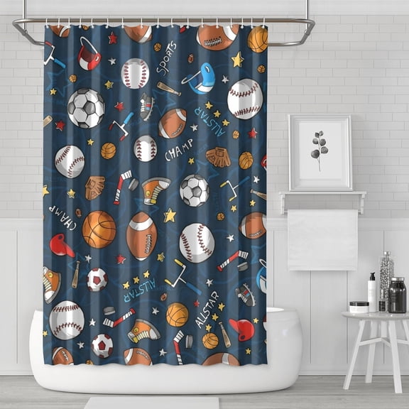 Machine Washable Sports Shower Curtain - Baseball Soccer Basketball Print Quick Dry Bath Curtain