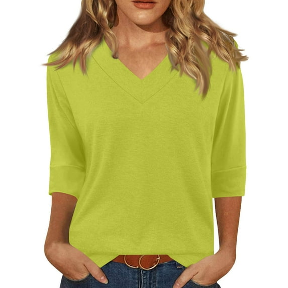 Machine-Washable Vacation Dressy Tops, Quarter Length Sleeve Tops For Women Cap Basic Tees Brown Generic Shirt Dresses Summer 2025 Womens Casual Black Short Outfits Green