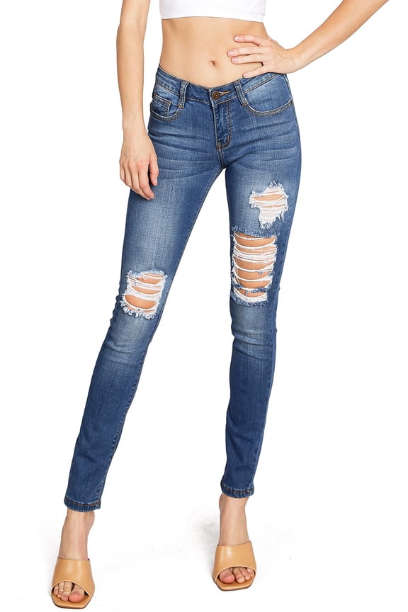 Machine Women's Juniors Mid Waist Distressed Skinny Jeans (3, Denim)