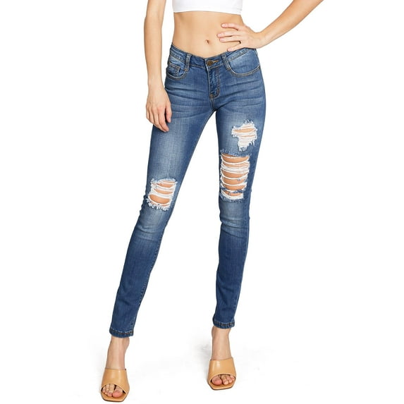 Machine Women's Juniors Mid Waist Distressed Skinny Jeans (9, Denim)