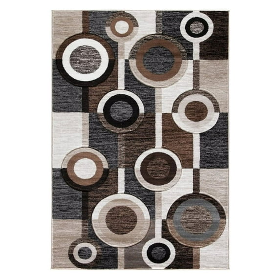 Machine Woven Fabric Rug with Circular Pattern Medium Brown and Cream - Saltoro Sherpi