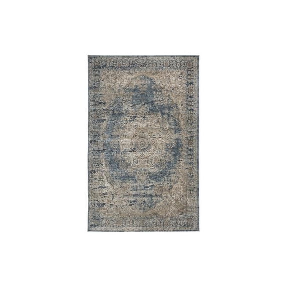 Machine Woven Fabric Rug with Erased Motif Pattern, Blue & Beige - Medium