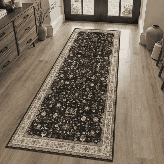 Machine-washable 2x6 carpet, anti-slip and stain-resistant retro flower 6-foot floor, suitable for corridors, kitchens, soft low-pile carpet - Black