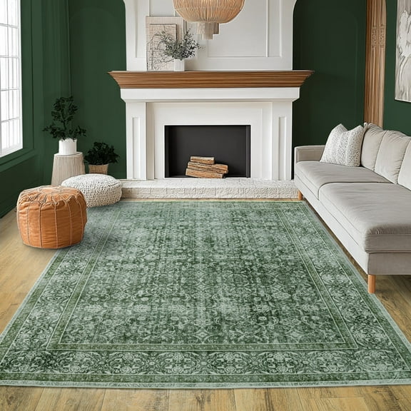 Machine washable Area Rugs for Living Room Bedroom, 6x9 Soft Washable Printed Rug for Living Room Indoor Non Slip Stain Resistant Carpet for Dining Room Boho Rug for Home Decor Aesthetic, Dark Green
