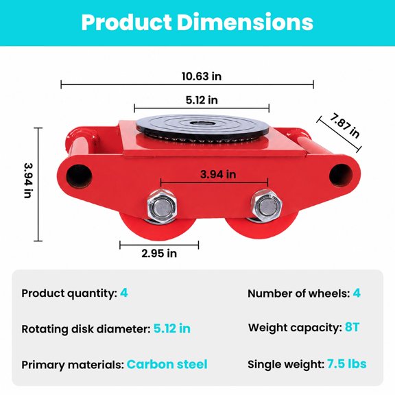 Machinery Skate Dolly, Set of 4 8T Heavy Duty Mover with 360 Rotation Top Plate & Non-Slip Cap, Industrial Machinery Skates for Warehouse Workshop Factory