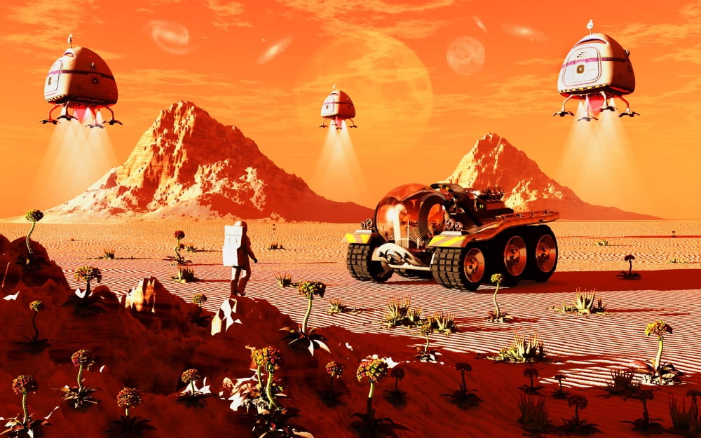 Machines arriving on an alien world which is about to be colonized Canvas Art - Mark StevensonStocktrek Images (18 x 12)