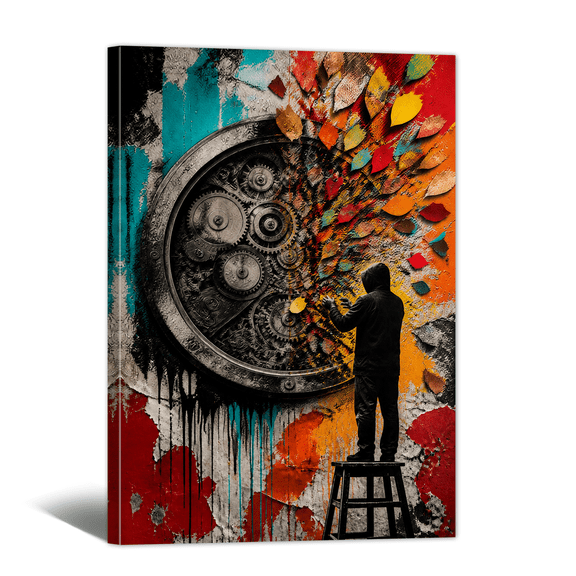 Machinist Figure Canvas Wall Art Vitality Street Graffiti Picture Print, Spray Paint Retro Artwork Colored Drawing Painting for Living Room Bedroom Home Office Decor