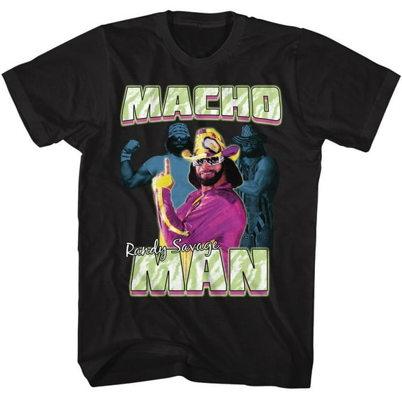 Macho Man Three Photos Collage Black Adult T-Shirt 2Xl