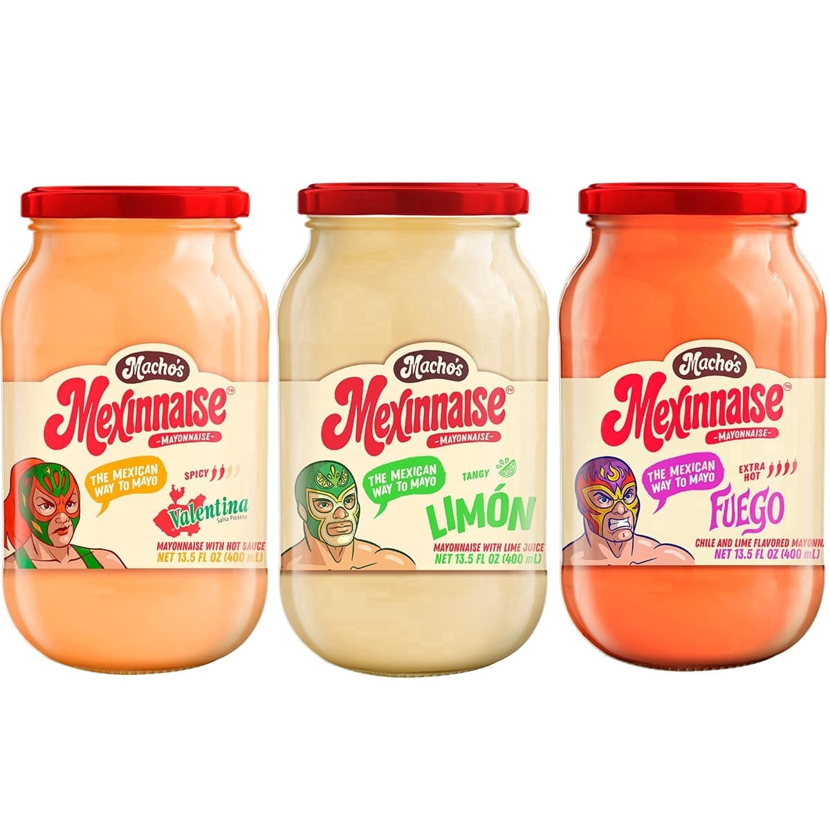 Macho’s Mexinnaise Mexican-Style Mayonnaise Variety Pack – Fuego, Lime & Valentina Flavors – Spicy & Zesty Sandwich and Taco Spread – 3 Pack, 13.5 fl oz Bottles