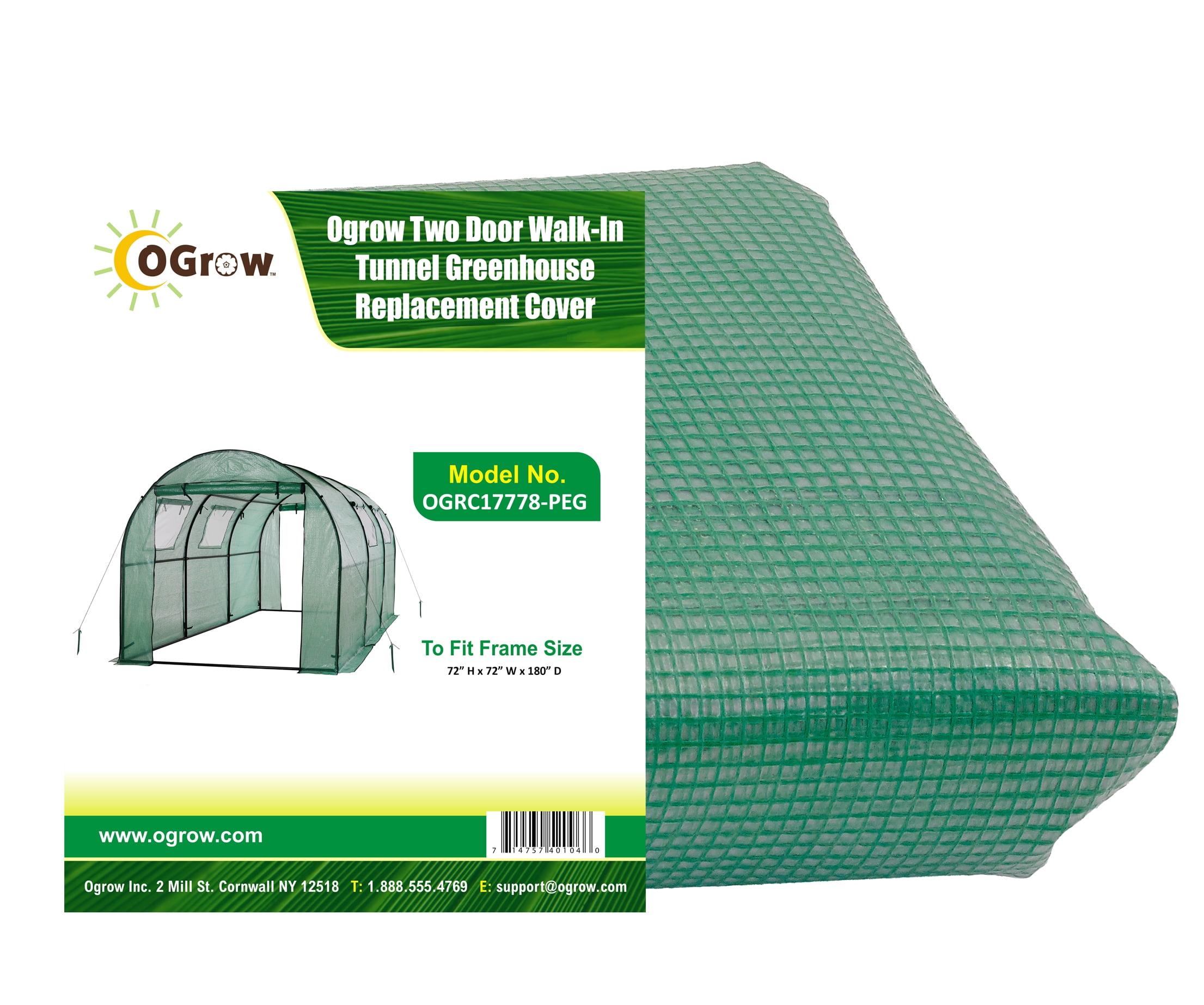 Machrus Ogrow Premium PE Greenhouse Replacement Cover for Your Outdoor Walk-in Tunnel Greenhouse - Green - Fits Frame 180"L x 72"W x 72"H