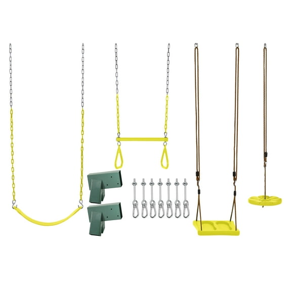 Machrus Swingan DIY Swing Set Kit - With Belt Swing, Trapeze Bar, Disc Swing And Standing Swing - A-Frame Brackets And All Assembly Hardware Included - Wood Beams Not Included - Yellow
