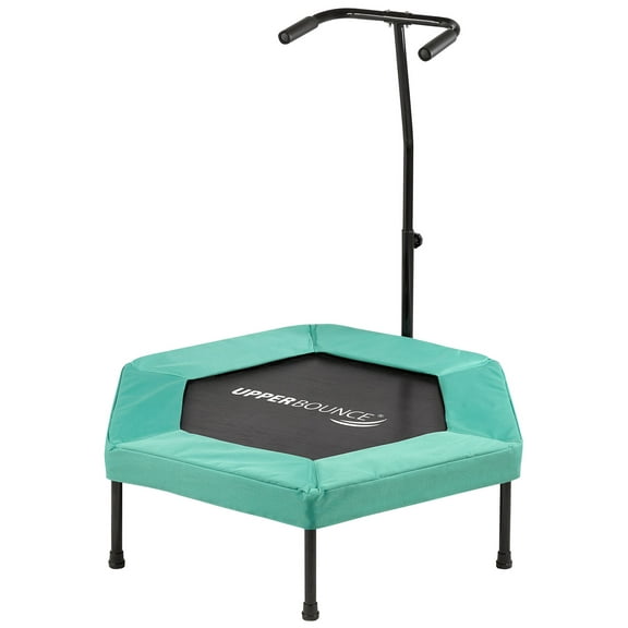 Machrus Upper Bounce 40" Mini Trampoline with Adjustable T-Shaped Handrail – Hexagonal Rebounder Fitness Trampoline for Kids & Adults- Green