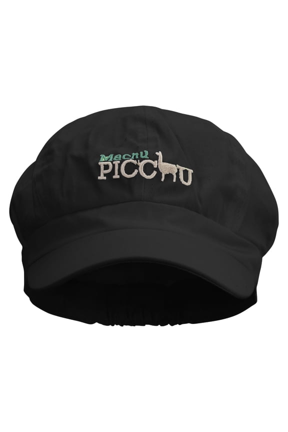 Machu Picchu Llama Embroidered Cotton Elastic Newsboy Cap - Black OSFM