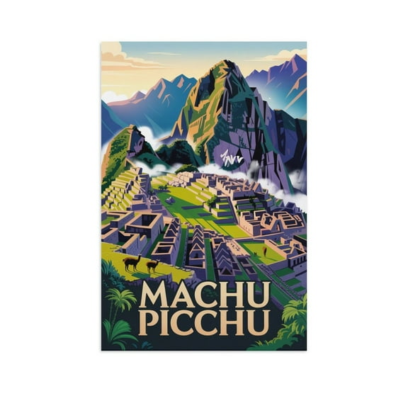 Machu Picchu Peru Vintage City Travel Poster with Sunrise And Ancient Ruins Canvas Poster