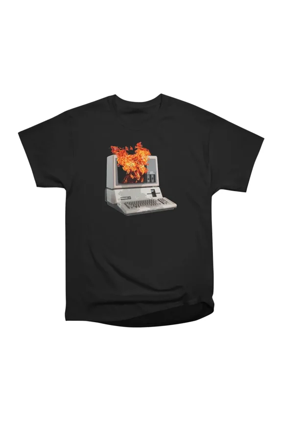 Macintosh Computer On Fire Graphic Retro Tech Aesthetic Hacker Streetwear Art T-Shirt Tee