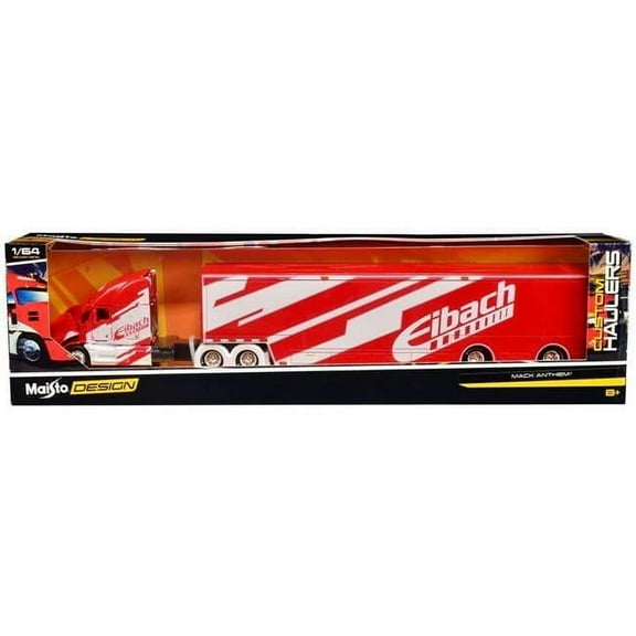 Mack Anthem Enclosed Car Transporter "Eibach" Red with White Graphics "Custom Haulers" Series 1/64 Diecast Model by Maisto