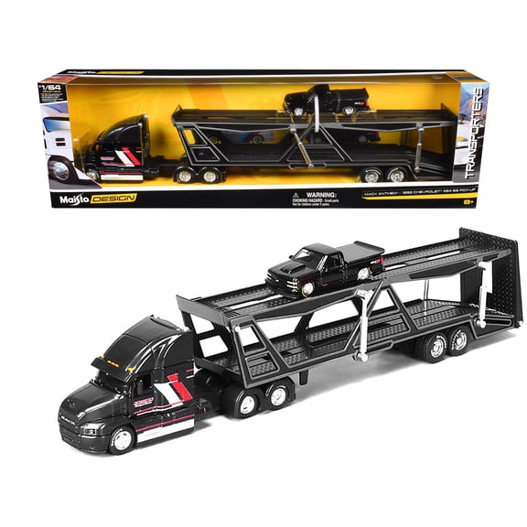 Mack Anthem Open Car Hauler Black with Red and White and 1993 Chevrolet 454 SS Truck Black 1/64 Diecast Models by Maisto