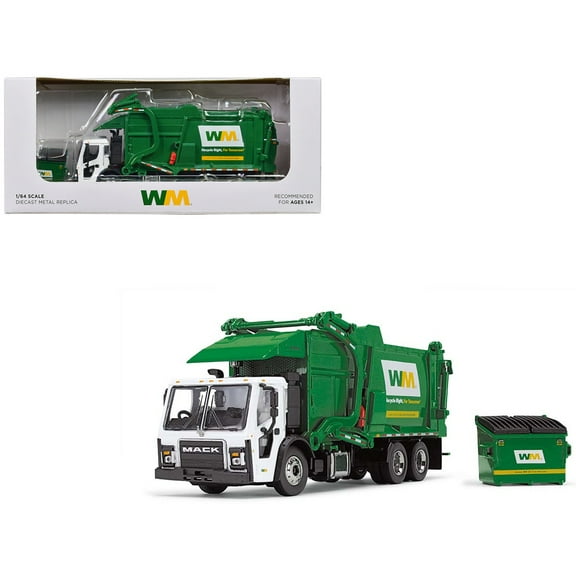 Mack LR Garbage Truck with McNeilus Meridian Front Load Refuse Body White and Green with Refuse Bin "Waste Management" 1/64 Diecast Model by First Gear