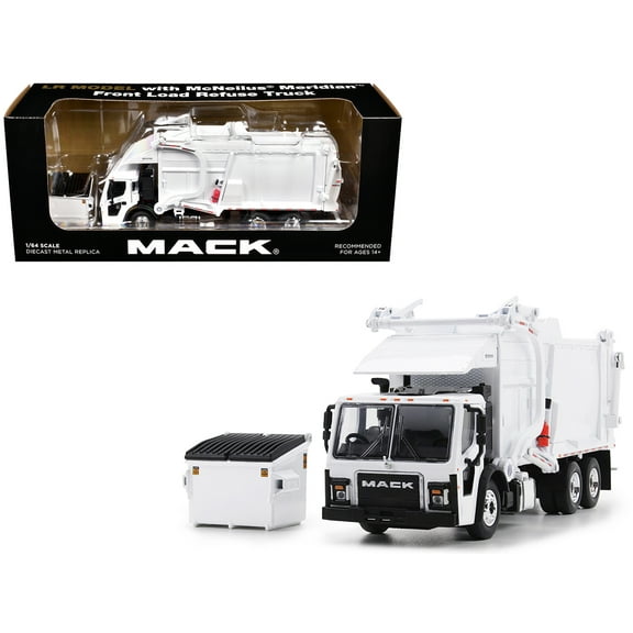 Mack LR Refuse Garbage Truck with McNeilus Meridian Front Loader White with Trash Bin 1/64 Diecast Model by DCP/First Gear