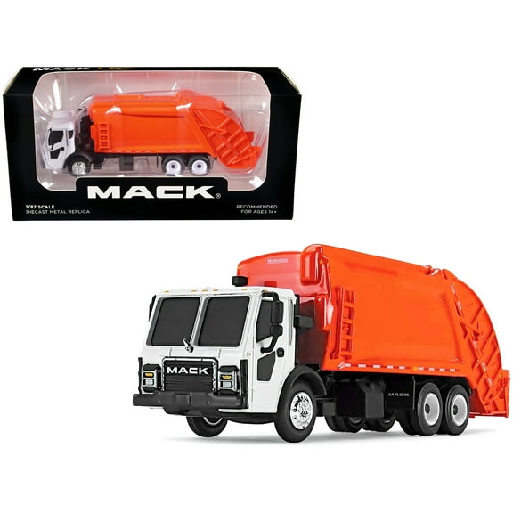 Mack LR with McNeilus Rear Load Refuse Body Orange and White 1/87 (HO) Diecast Model by First Gear